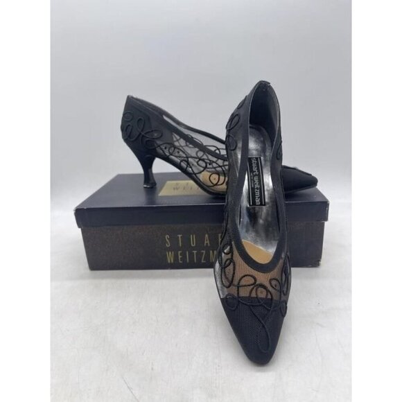 Stuart Weitzman Black Italian Leather Laced & Embroidered Kitten Heel Pumps 8.5 - Picture 1 of 4